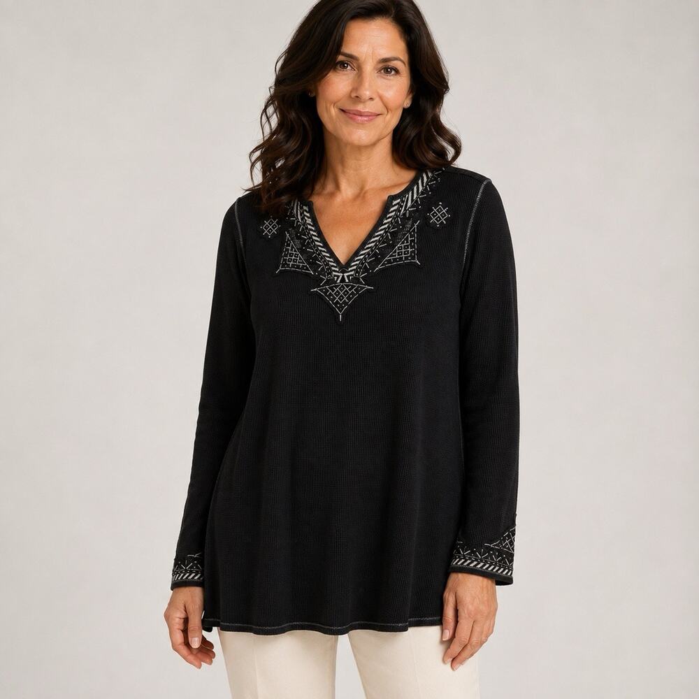 Soft Surroundings Embroidered Waffle knit Top Medium Gray V Neck Long Sleeve